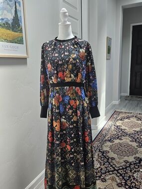 Black Floral Long-Sleeve Maxi Dress with Vibrant Bouquet Print
